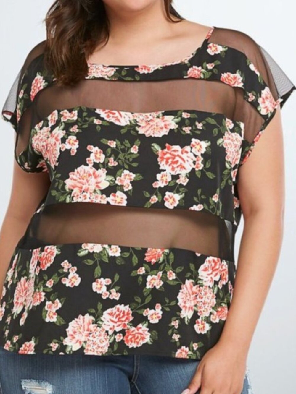 TORRID 2 Plus Size Floral Mesh Panel Top Black Pink Red Striped Whimsigoth 2010s
